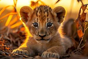 dourado hora majestade. leoa e filhotes animais selvagens fotografia. ai generativo foto