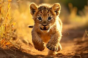 dourado hora majestade. leoa e filhotes animais selvagens fotografia. ai generativo foto