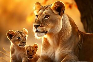 dourado hora majestade. leoa e filhotes animais selvagens fotografia. ai generativo foto