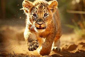 dourado hora majestade. leoa e filhotes animais selvagens fotografia. ai generativo foto