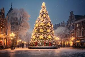 ai gerado imagem do Natal celebração árvore dentro moderno e clássico Projeto dentro a rua e natureza e interior foto