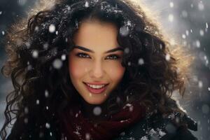 ai gerado retrato do lindo jovem mulher em pé debaixo a neve às inverno Tempo foto