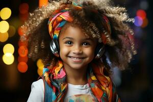 ai gerado estúdio retrato do fofa pequeno encaracolado africano menina em diferente cores fundo foto