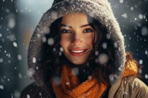 ai gerado retrato do lindo jovem mulher em pé debaixo a neve às inverno Tempo foto