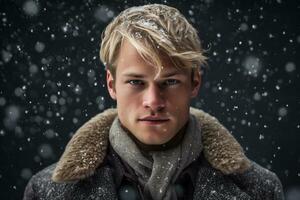 ai gerado retrato do bonito sorridente homem em pé debaixo a nevando foto