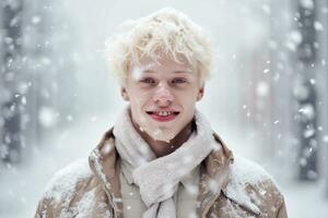 ai gerado retrato do lindo sorridente jovem albino homem em pé debaixo nevando foto