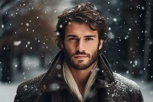 ai gerado retrato do bonito sorridente homem em pé debaixo a nevando foto