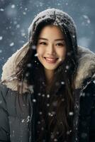 ai gerado retrato do lindo jovem mulher em pé debaixo a neve às inverno Tempo foto