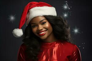 ai gerado retrato do lindo sorridente mulher dentro santa claus vestindo foto