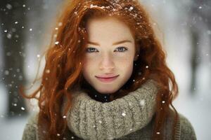 ai gerado retrato do lindo sorridente jovem gengibre mulher em pé debaixo nevando foto