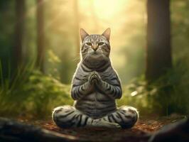 uma gato medita dentro a floresta. gato com namaste pose. generativo ai foto