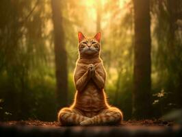 uma gato medita dentro a floresta. gato com namaste pose. generativo ai foto