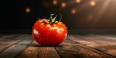 fresco vermelho tomates com água gotas em de madeira mesa. generativo ai foto