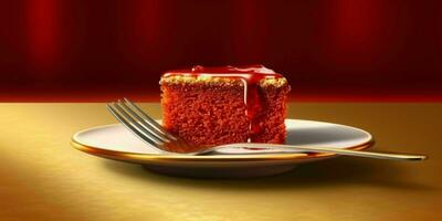uma delicioso fatia do vermelho bolo em uma dourado placa. generativo ai foto