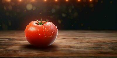 fresco vermelho tomates com água gotas em de madeira mesa. generativo ai foto