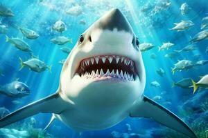 sorridente Tubarão ilustração embaixo da agua dentro desenho animado estilo. peixe retrato. generativo ai foto