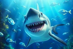 sorridente Tubarão ilustração embaixo da agua dentro desenho animado estilo. peixe retrato. generativo ai foto