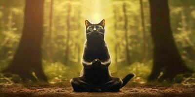 uma gato medita dentro a floresta. gato com namaste pose. generativo ai foto