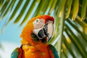 tropical papagaio com ouropel debaixo Palma árvore fundo com esvaziar espaço para texto foto