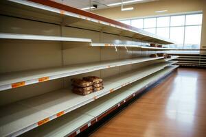 Comida falta. esvaziar supermercado prateleiras. generativo ai foto