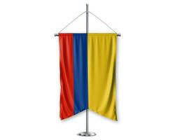 Colômbia acima galhardetes 3d bandeiras em pólo ficar de pé Apoio, suporte pedestal realista conjunto e branco fundo. - imagem foto