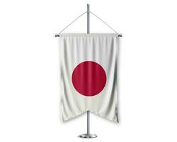 Japão acima galhardetes 3d bandeiras em pólo ficar de pé Apoio, suporte pedestal realista conjunto e branco fundo. - imagem foto