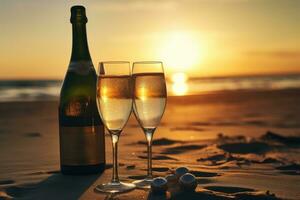 dois óculos do champanhe e garrafa em a de praia às pôr do sol ou nascer do sol, champanhe garrafa e dois óculos em areia, dentro pôr do sol, ai gerado foto