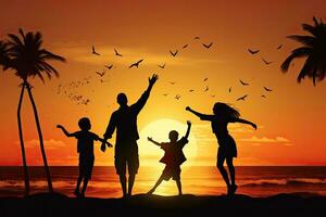 silhueta do feliz família tendo Diversão em a de praia às pôr do sol, feliz família pulando juntos em a de praia silhueta, ai gerado foto