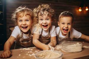 feliz crianças jogando com farinha dentro cozinha às lar, tendo Diversão e tendo diversão, feliz família engraçado crianças assar biscoitos dentro cozinha, ai gerado foto