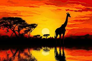 girafa às pôr do sol dentro África, vetor ilustração, eps 10, girafa silhueta - africano animais selvagens fundo - beleza dentro cor e liberdade, ai gerado foto