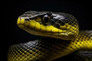 fechar-se do a cabeça do uma amarelo serpente em uma Preto fundo, fechar-se do selvagem Preto amarelo serpente isolado em fl, ai gerado foto