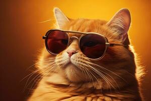 retrato do uma vermelho gato dentro oculos de sol em uma amarelo fundo, fechar-se retrato do uma engraçado gengibre gato vestindo oculos de sol, ai gerado foto