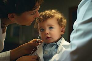 médico examinando pequeno bebê Garoto com estetoscópio. saúde Cuidado conceito, fechar-se do bebê Garoto tendo uma médico checar, ai gerado foto