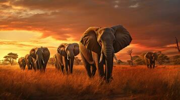 majestoso elefante rebanho caminhando dentro a savana animais selvagens safári e naturezas beleza conceito ai gerado foto