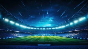 uma visualmente deslumbrante composição do uma Esportes local iluminado de azul luzes ai gerado foto