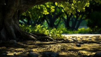 pacífico jardim uma amoreira árvore com manchado luz solar e sombras ai gerado foto