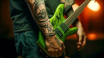 tatuado musical notas e intrincado Projeto em uma jovem mans tatuagem com guitarra ai gerado foto