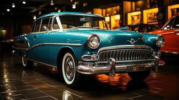 vintage azul carro dentro uma semelhante a um museu configuração com automotivo recordações ai gerado foto