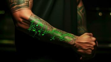 jovem rapazes braço com deslumbrante tatuagem e musical símbolos ai gerado foto