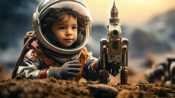 uma criança jogando com uma brinquedo foguete e vestindo uma traje espacial ai gerado foto