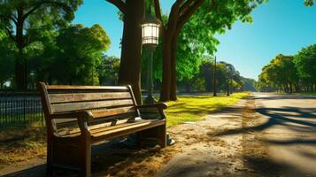 relaxante em uma parque Banco com uma lindo Visão ai gerado foto