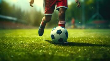 uma fechar-se imagem do uma futebol jogadoras pernas e uma futebol bola com uma jérsei textura ai gerado foto