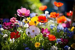 colorida Primavera flores dentro a jardim em uma brilhante ensolarado dia, colorida flores silvestres florescendo dentro uma jardim em uma ensolarado dia, ai gerado foto