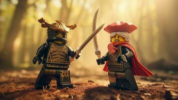 Lego guerreiros lutando dentro uma feroz épico duelo ai generativo foto