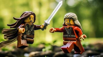 Lego guerreiros lutando dentro uma feroz épico duelo ai generativo foto