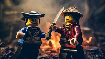 Lego guerreiros lutando dentro uma feroz épico duelo ai generativo foto