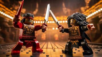 Lego guerreiros lutando dentro uma feroz épico duelo ai generativo foto