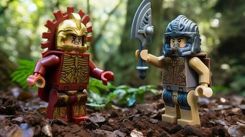 Lego guerreiros lutando dentro uma feroz épico duelo ai generativo foto