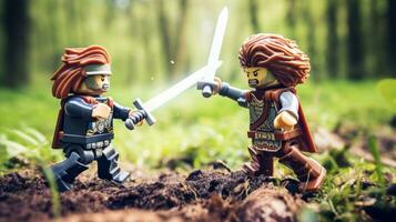 Lego guerreiros lutando dentro uma feroz épico duelo ai generativo foto