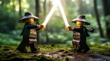 Lego guerreiros lutando dentro uma feroz épico duelo ai generativo foto